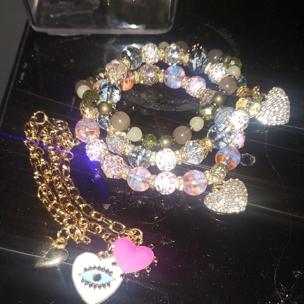 Colorful Beaded Bracelet Set with Heart Charms